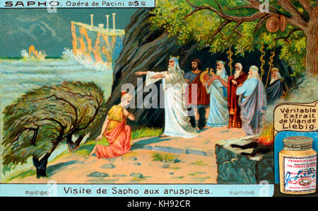 Saffò: Oper von Giovanni Pacini. Sappho visits die Wahrsager, die entscheiden, ob Sie ein vollgültiges Sprung machen sollte, um den Fluch, der Sie glaubt Apollo auf Sie gesetzt hat, indem sie ihre Liebe Faone zu brechen. Oper uraufgeführt am Teatro San Carlo in Neapel, am 29. November 1840. Libretto von Salvadore Cammarano, basierend auf einem Theaterstück von Franz Grillparzer, der Legende nach der antiken griechischen Dichterin Sappho. Abbildung auf Liebig Collectible card. 1921. GP: Italienischer Komponist, 17. Februar 1796 - vom 6. Dezember 1867. Stockfoto