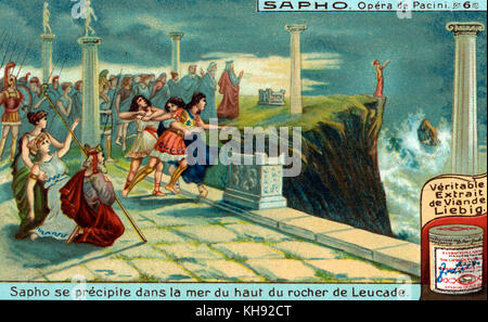 Saffò: Oper von Giovanni Pacini. Sappho springt von der Klippe an Leucadia ins Meer. Sie hofft, Apollo wird sie retten; sie ertrinkt. Oper uraufgeführt am Teatro San Carlo in Neapel, am 29. November 1840. Libretto von Salvadore Cammarano, basierend auf Spielen von Franz Grillparzer, der Legende nach der antiken griechischen Dichterin Sappho. Abbildung auf Liebig Collectible card. 1921. GP: Italienischer Komponist, 17. Februar 1796 - vom 6. Dezember 1867. Stockfoto