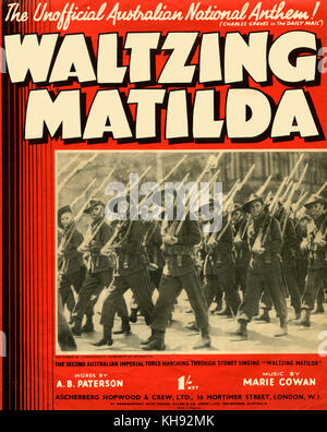 Waltzing Matilda-Score, 1940. Song mit Musik von Marie Cowan und A.B. Paterson. Australian Folk Song als "inoffizielle Australische Nationalhymne" bekannt. Auf der Abdeckung dargestellt: Zweite Australian Imperial Force marschieren durch Sydney. Während des Zweiten Weltkrieges 2. Stockfoto