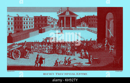 'Rich's Glory' - Zeichnung von William Hogarth. Von T.Koch eingraviert. John Rich's triumphalen Einzug an der Londoner Covent Garden Opera Website, 1729. Auch als "Reich der Herrlichkeit" bekannt. Erste Haus geöffnet 7. Dez 1732. Royal Patent zu John Rich von seinem Vater Christopher. (Covent Garden Opera House bekannt als Theatre Royal, weil dieser). Großer Erfolg der Gay Beggars Opera in Lincoln's Inn Fields gab genug Geld erste Covent Garden Theater zu bauen.