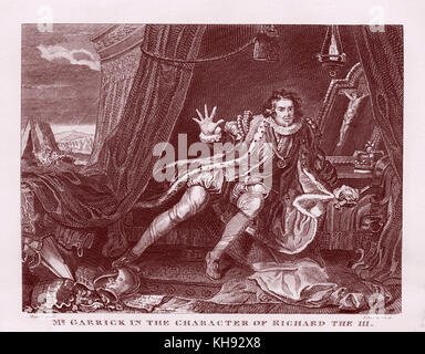 David Garrick als Richard III. von William Shakespeare (Spielen). Abbildung nach Hogarth. Englischer Schauspieler, Dramatiker, Theaterdirektor und Produzent, 19. Februar 1717 - 20. Januar 1779. Stockfoto