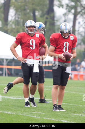 Allen PARK, MICHIGAN - 14. AUGUST: Quarterback Matthew Stafford von den NFL Football Detroit Lions während des Trainings in ihrem Trainingslager in allen Park, Michigan. August 2012. © Joe Gall/MediaPunch Inc Stockfoto