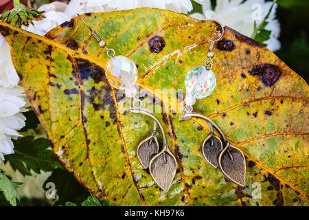 Schöne Ohrringe auf der natürlichen Herbst Hintergrund Stockfoto