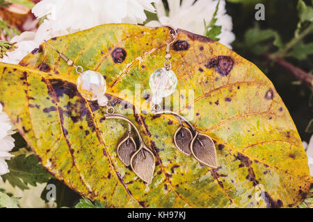 Schöne Ohrringe auf der natürlichen Herbst Hintergrund Stockfoto