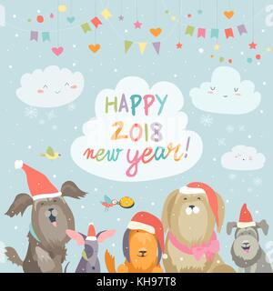 2018 Happy New Year Karte. lustige Hunde gratuliert im Urlaub Stock Vektor