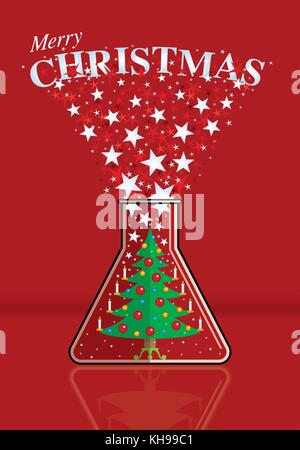 Weihnachtsbaum mit brennenden Kerzen in einem meßkolben Auswerfen weiße Sterne mit frohe Weihnachten Nachricht auf einem roten Hintergrund eingerichtet. Vektor Bild Stock Vektor