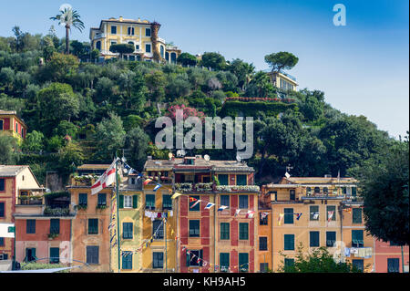 Europa. Italien. Ligurien. Golf von Tigullio. Italienische Riviera. Die farbigen Häuser von Portofino Stockfoto