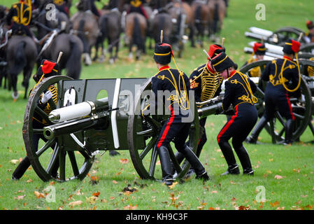 King's Truppe Royal Horse Artillery in Green Park London zum 69. Geburtstag des Prinzen von Wales 41. Herbstfarben Stockfoto