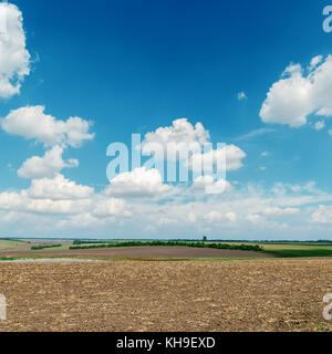 schwarzen gepflügtes Feld unter blauem Himmel mit weißen Wolken Stockfoto