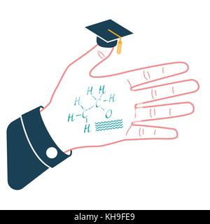 Lustiges Konzept der Ausbildung an einer Universität, einer Hochschule in Form einer Hand mit Spickzettel und ein Hut auf dem Finger. Symbol in linearen Stil Stock Vektor