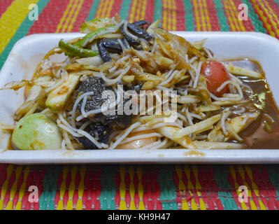 Papaya Salat oder somtam. Thai Essen berühmt in der ganzen Welt ist. würzige Nahrungsmittel eingelegter Fisch, Krabben, Gurken, Bohnen, Reis Nudeln Nudeln, Pa gehören Stockfoto