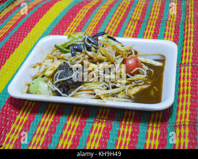 Papaya Salat oder somtam. Thai Essen berühmt in der ganzen Welt ist. würzige Nahrungsmittel eingelegter Fisch, Krabben, Gurken, Bohnen, Reis Nudeln Nudeln, Pa gehören Stockfoto