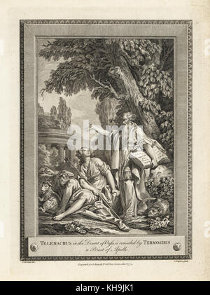 Telemachus in der Wüste Oase wird durch Termosiris, ein Priester des Apollo getröstet. Kupferstich von C. Grignion nach einer Illustration von C. Monnet von der Kupferplatte Magazin oder monatliche Schatz, G. Kearsley, London, 1778. Stockfoto