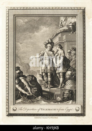 Die Abfahrt von Telemachus aus Ägypten. Kupferstich von W. Walker nach einer Illustration von C. Monnet von der Kupferplatte Magazin oder monatliche Schatz, G. Kearsley, London, 1778. Stockfoto