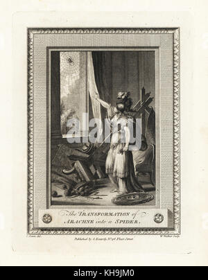Transformation von Arachne in eine Spinne. Kupferstich von W. Walker nach einer Illustration von Charles Eisen aus der Kupferplatte Magazin oder monatliche Schatz, G. Kearsley, London, 1778. Stockfoto