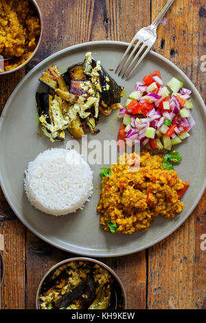Indisches essen mit masoor Dal-Linse Curry, dahi baingan, Reis und Salat Stockfoto