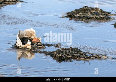 Verworfen Kunststoffprodukte gewaschen bis zum Strand in Southport, Merseyside. Stockfoto