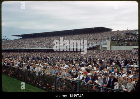 Menge beobachten Melbourne Cup, Victoria Racing Club, die Flemington Rennbahn, Melbourne, Australien, November 1959 Stockfoto