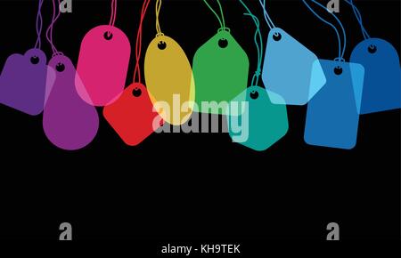 Bunte leer Preis tags oder Adressetiketten mit verschiedenen string binden auf schwarzem Hintergrund Stock Vektor