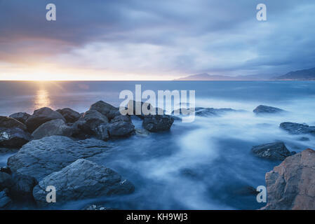 Sonnenuntergang des Ligurischen Meer, Golf von Tigullio, Lavagna, Genua Stockfoto