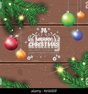Frohe Weihnachten flyer Urlaub Dekorationen design Grüne Tanne mit bunten Kugeln auf Holz- Hintergrund Stock Vektor