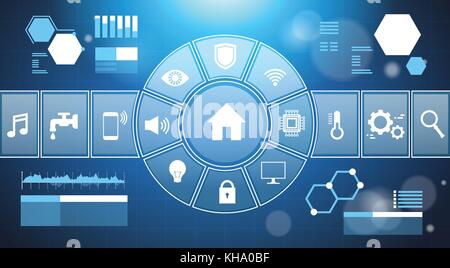 Smart Home System infografik Vorlage banner Control Panel mit Symbolen modernes Haus Automatisierungstechnik Konzept Stock Vektor