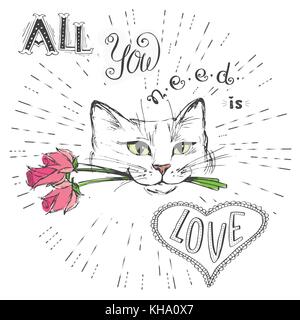 Katze mit Blumen und alles, was Sie brauchen, ist Liebe - Hand gezeichnete Schrift für t-shirt oder Grußkarte, Vector Illustration. Stock Vektor