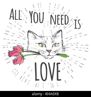 Süße Katze mit Blumen und alles, was Sie brauchen, ist Liebe - Hand gezeichnete Schrift für t-shirt oder Grußkarte, Vector Illustration. Stock Vektor