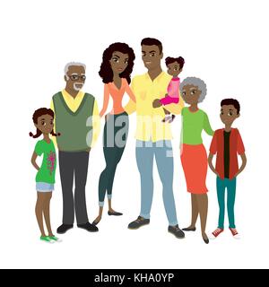 Gerne afrikanische amerikanische Familie - Eltern, ihrem Sohn und Töchtern, und Großeltern. cartoon Vector Illustration auf weißem Hintergrund Stock Vektor