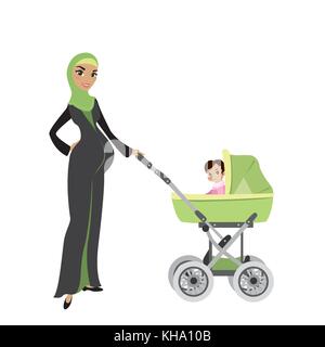 Schöne schwangere muslimischen Frau mit einem Baby im Kinderwagen, auf weißem Hintergrund, Börse cartoon Vector Illustration Stock Vektor