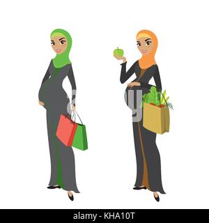 Zwei schwangere muslimische Frau in traditioneller Kleidung mit Tüten auf weißem Hintergrund, Vector Illustration Cartoon Stock Vektor