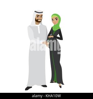 Muslimische Familie Paar in traditioneller Kleidung, Frau schwanger ist, auf weißem Hintergrund, cartoon Vector Illustration Stock Vektor