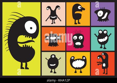 Set - schwarze Monster mit Emotionen auf verschiedenen farbigen Hintergründen, cartoon Vector Illustration. Stock Vektor