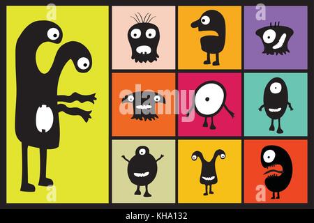 Set - schwarze Monster mit Emotionen auf verschiedenen farbigen Hintergründen, cartoon Vector Illustration Stock Vektor