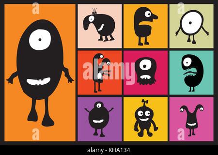 Set - schwarze Monster mit Emotionen auf verschiedenen farbigen Hintergründen, cartoon Vector Illustration Stock Vektor