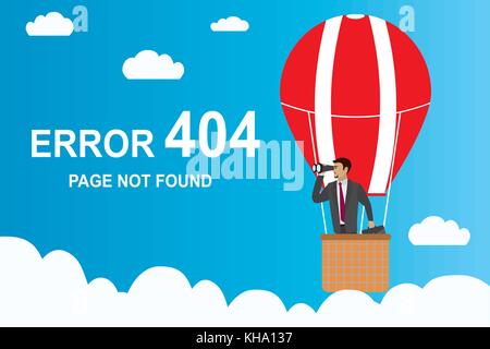Fehler 404 Seite und Geschäftsmann mit Fernglas in einem Heißluftballon, Börse cartoon Vector Illustration Stock Vektor