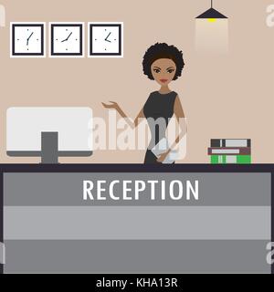 Junge afrikanische amerikanische Frau an der Rezeption steht an der Rezeption. Reisen, Gastfreundschaft, hotel reservierung Konzept. cartoon Flachbild Vector Illustration Stock Vektor