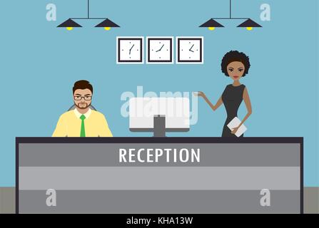 Mann und junge afrikanische amerikanische Frau steht an der Rezeption. Vector Illustration, Vektor, Abbildung Stock Vektor