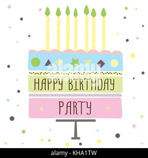 Niedliche Happy Birthday Party Karte mit Kuchen und Kerzen. Vector Illustration Stock Vektor