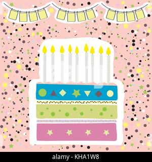 Niedliche Happy Birthday Party Karte mit Kuchen und Kerzen. Vector Illustration Stock Vektor