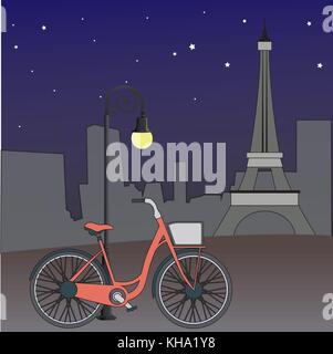 Fahrrad gegen einen Laternenpfahl und dem Eiffel Turm im Hintergrund schiefen, Nacht Aussicht auf Paris, Vector Illustration Stock Vektor