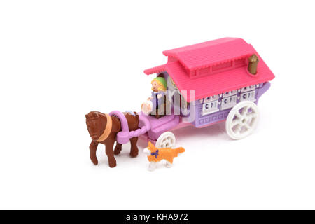 Jahrgang 1990's Toy Polly Pocket Zirkuswagen mit Polly, Pferd und Hund Stockfoto