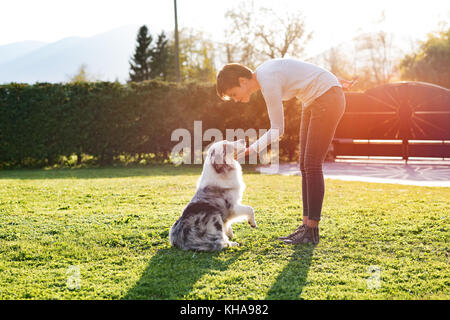 Junge lächelnde Frau, die das Spielen mit Ihrem Hund in den Garten, sie ist Kuscheln ihr Haustier Stockfoto