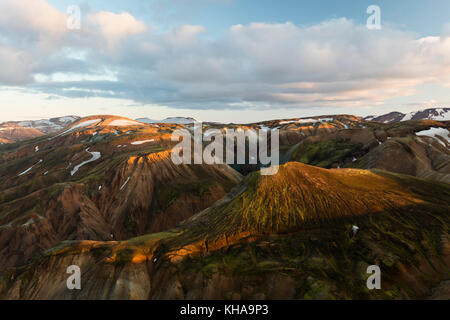 Berglandschaft bei Sonnenuntergang, Landmannalaugar, Highlands, Island Stockfoto