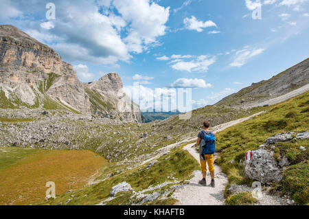 Wanderer auf dem Rundwanderweg rund um den Sella, Grödner Joch, Passo Gardena, natur park Park Puez - Geisler, Dolomiten Stockfoto