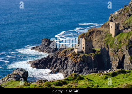 Felsige Küste mit Ruinen, Ehemalige Mine, alte Zinnmine, botanische Lack Mine, St Just in penwith, Cornwall, England, Großbritannien Stockfoto