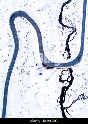 Passstraße, Flüelapass im Winter, Luftaufnahme, Kanton Graubünden, Schweiz Stockfoto