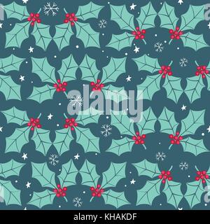 Nahtlose weihnachten Muster mit Holly Blätter und Beeren, Sternen und Schneeflocken Stock Vektor