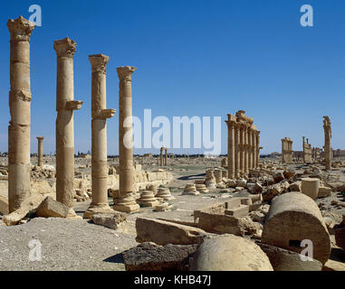 Syrien palmyra Stadt. Die Große Kolonnade. Römische Ruinen. tadmur, homs. Foto vor dem syrischen Bürgerkrieg. Stockfoto