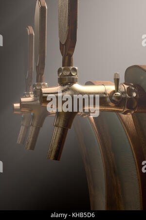 Eine Reihe von Holz und Messing Bier Hähne auf einem isolierten dunklen Moody studio Hintergrund - 3D-Rendering Stockfoto